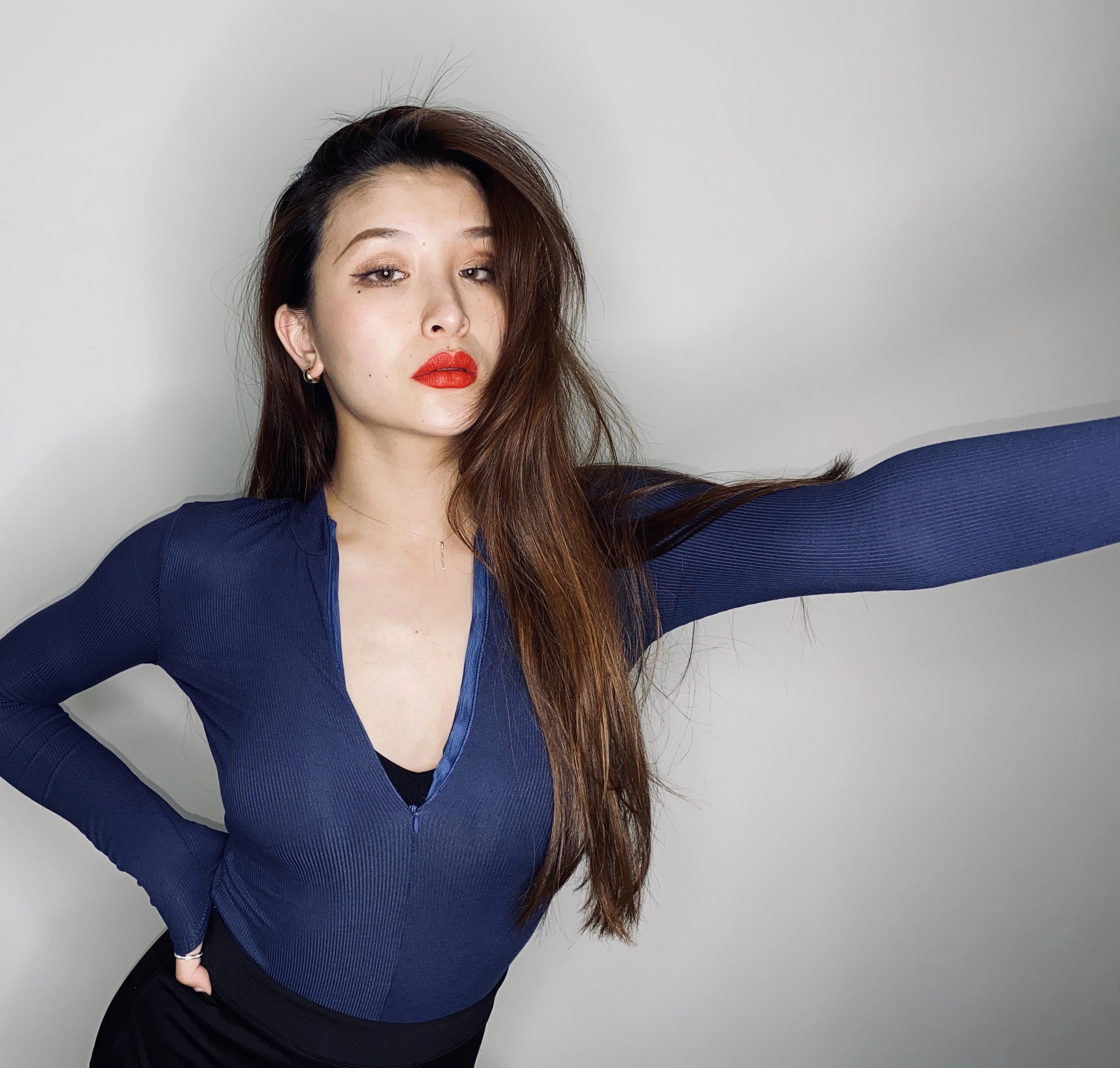 拉链超弹雾霾蓝中领连体衣爵士舞