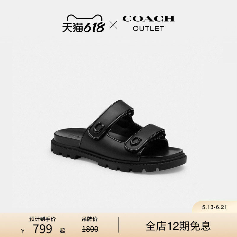COACH/蔻驰奥莱女士立体C字饰件双绑带凉鞋黑色平底拖鞋