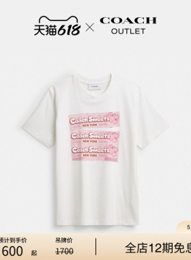 COACH/蔻驰奥莱女士棉质SWEETS图案经典白色圆领短袖T恤