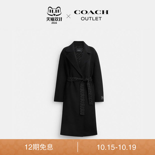 COACH/蔻驰奥莱女士黑色老花腰带羊毛长款大衣宽松简约高级
