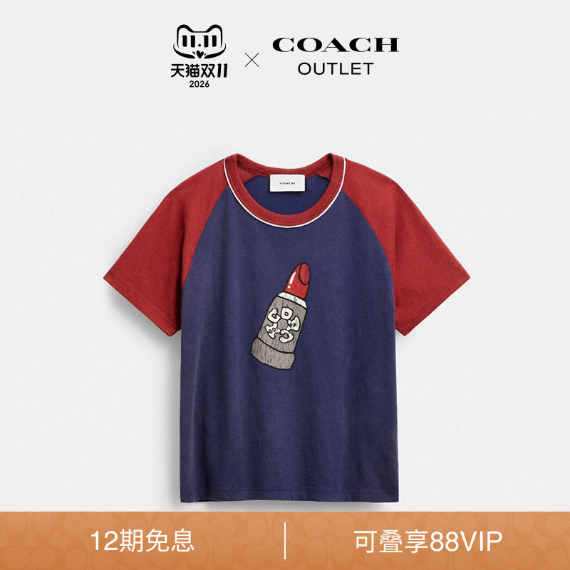 COACH/蔻驰奥莱女士棉质唇膏图案插肩袖T恤圆领个性短袖