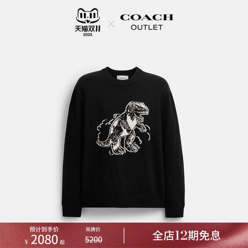 【新品】COACH/蔻驰奥莱男士REXY图案黑色圆领毛衣休闲宽松舒适