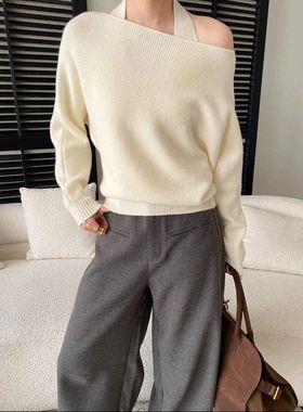 司南 早春新款 法式温柔风挂脖背心一字肩宽松针织衫套装 SN8564