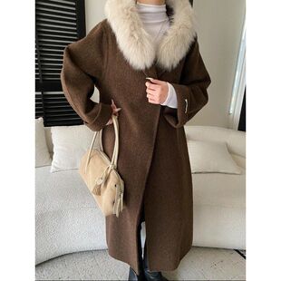 SN8380矜贵羊毛连帽双面可拆卸法式呢大衣感廓形司南 系带毛领