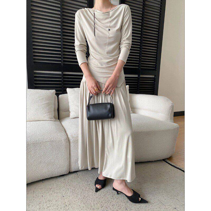 司南 早春新款 天丝棉混纺纸片人一字领打底衫半身裙套装 SN8635