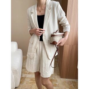 司南 高阶通勤 透气天丝亚麻褶皱肌理感西装外套短裤套装 SN7165