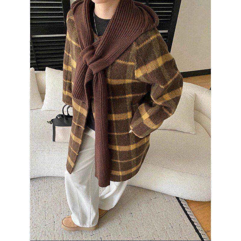 英伦腔调大衣撞色帽10SN呢84格纹针织 司南 可脱卸复古 双面羊毛