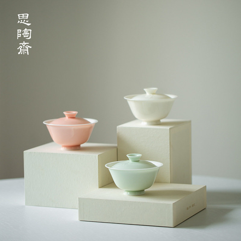 思陶斋纯色薄胎二才盖碗白瓷功夫茶具家用简约泡茶器陶瓷茶碗批发