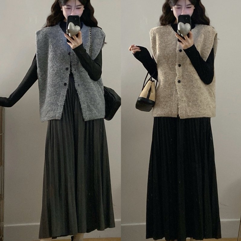 实拍大码女装秋冬新气质羊羔毛马甲外套+长袖打底衫+半身裙三件套
