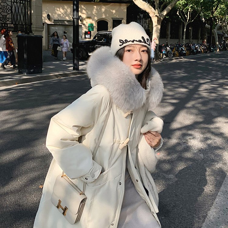 2025新款爆款时尚韩版大毛领设计感小众收腰冬季加厚羽绒棉衣外套