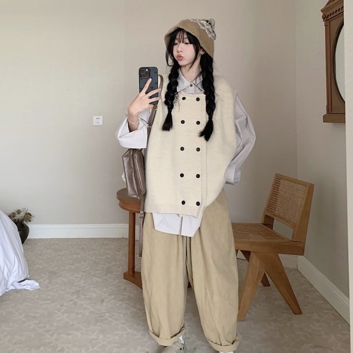 实拍实价~大码宽松复古休闲衬衫+休闲工装阔腿裤森系复古马甲套装