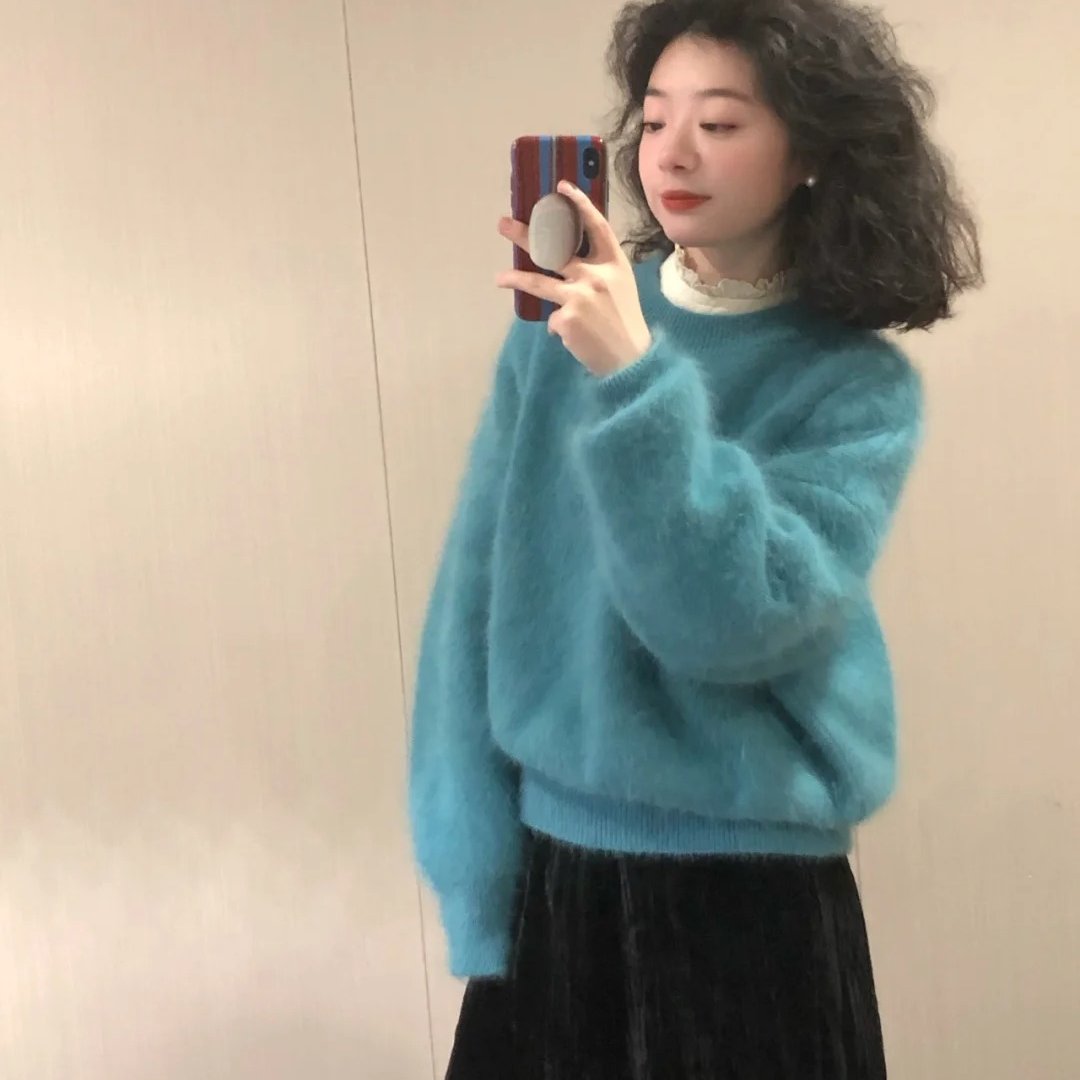 超软糯！显白湖水蓝色水貂毛慵懒风毛衣女秋冬加厚甜美毛绒绒上衣