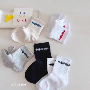 儿童袜子夏天学生袜男童夏季 网眼字母运动白色中筒透气袜子薄棉袜