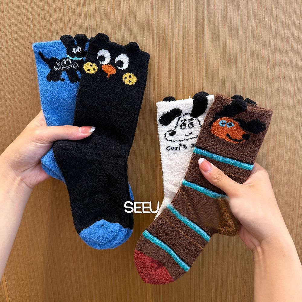 儿童袜子秋冬款加厚保暖中筒袜男童冬季珊瑚绒袜宝宝卡通可爱长袜