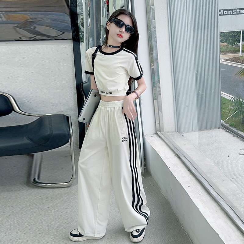 女童夏季2025新款韩版条纹短款短袖裤子套装中大童运动休闲长裤