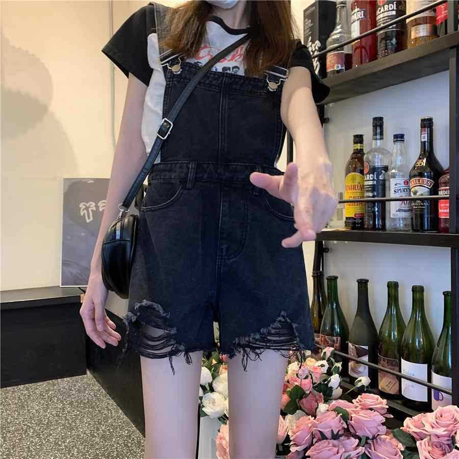 甜酷辣妹破洞牛仔背带短裤女夏季宽松小个子高腰显瘦直筒阔腿