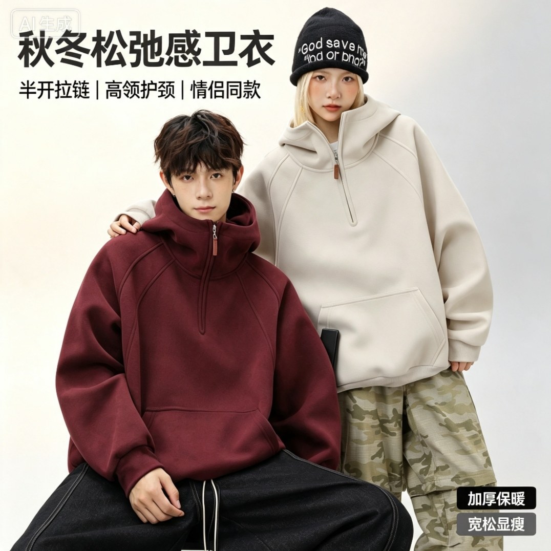 美式潮牌重磅半拉链卫衣男秋冬加绒加厚头套帽衫男士纯色上衣