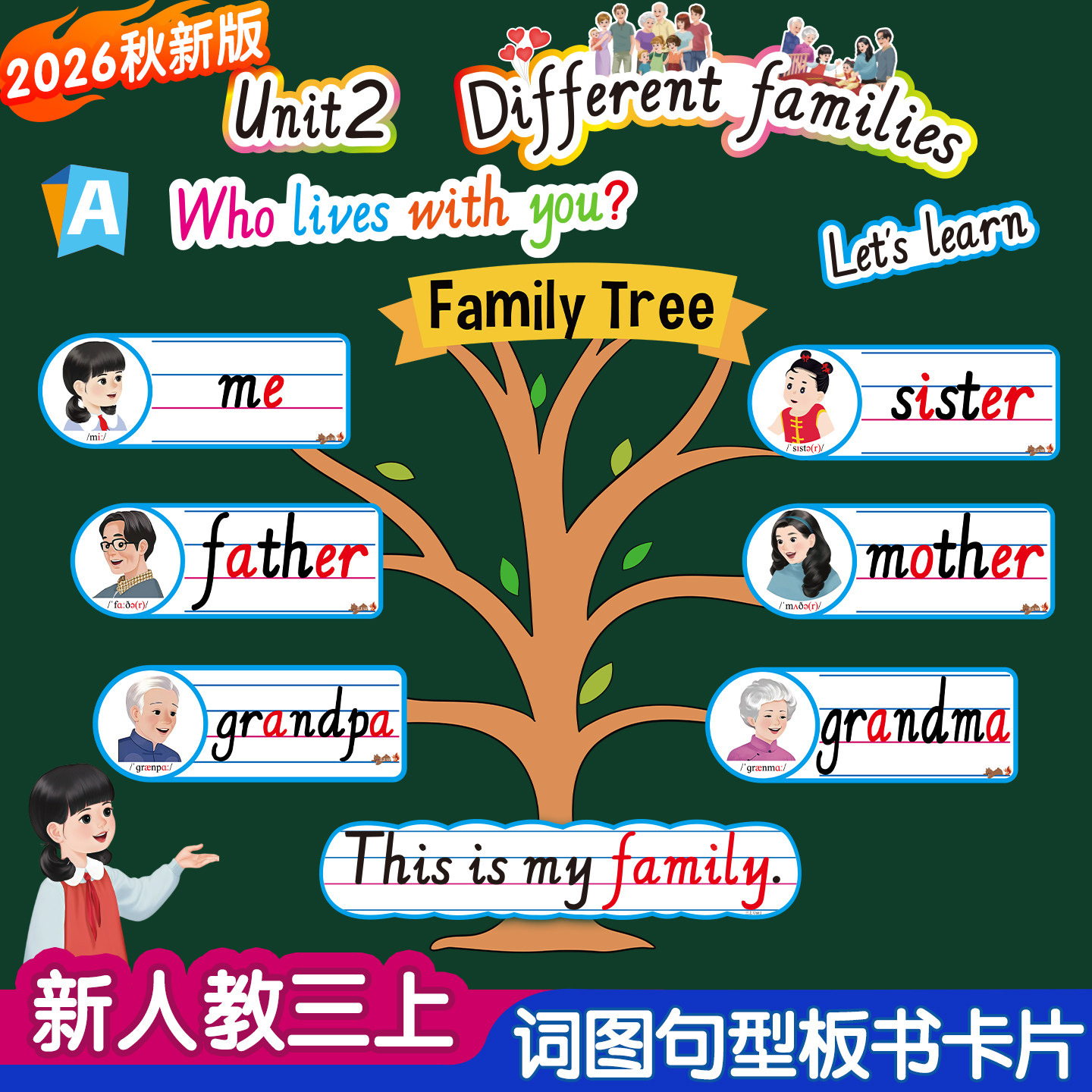 2026秋新人教PEP小学英语3三年级上册单词卡片句子教学板书贴教具