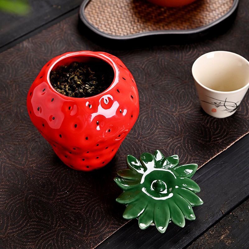 仿真陶瓷草莓茶叶罐摆件