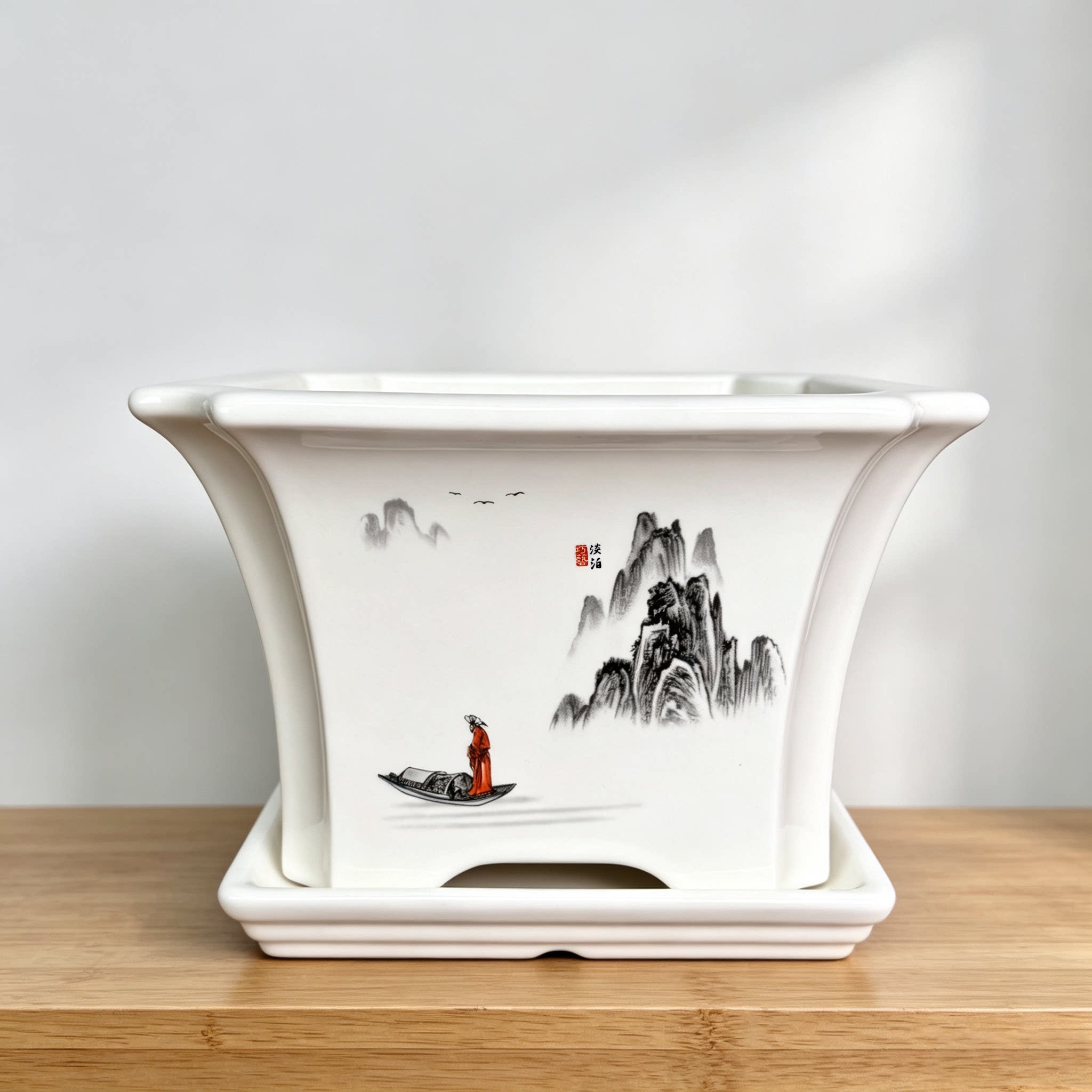 新中式彩绘四方盆景花盆带托盘