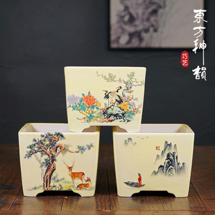 精品紫砂花盆四方盆景盆彩绘贴画大口径创意多肉盆栽绿植陶瓷中式