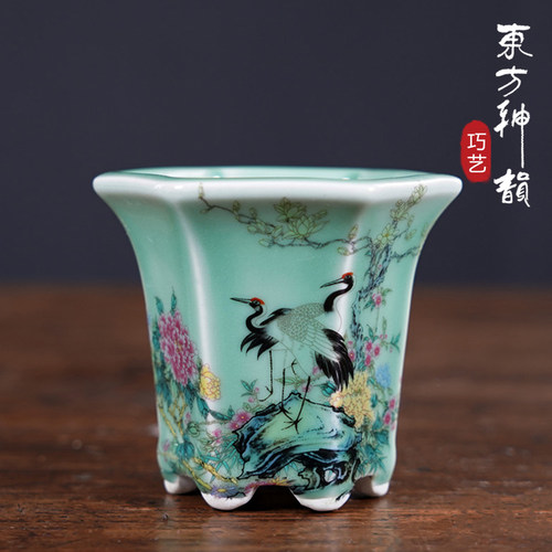 小花盆青瓷釉贴画中国风