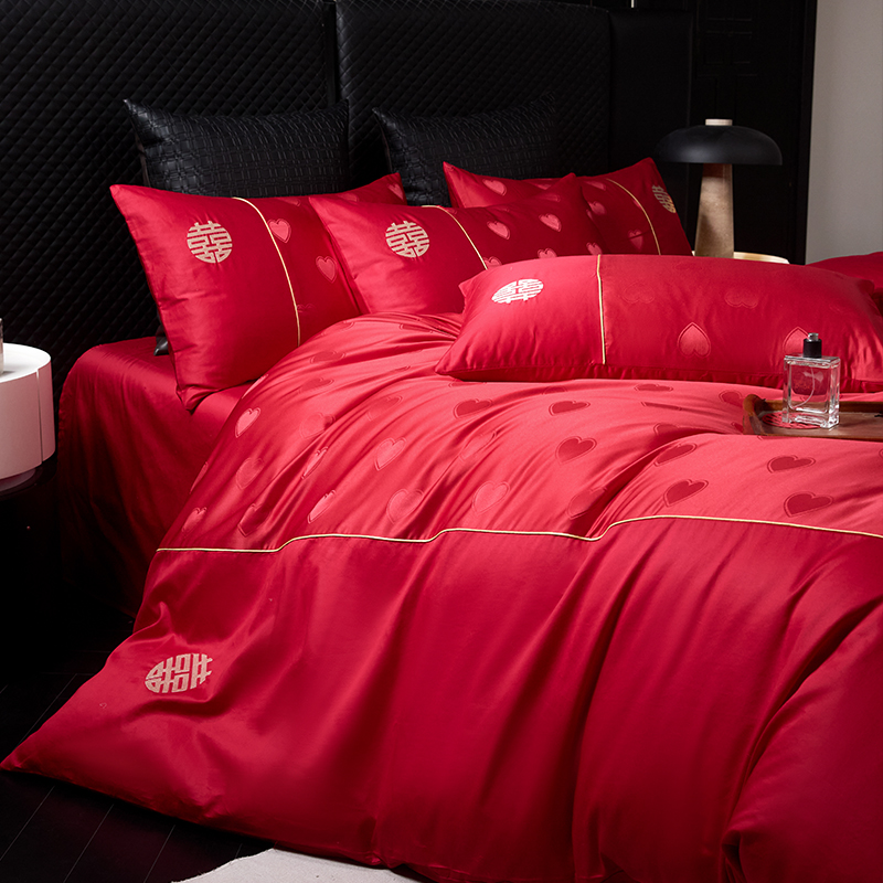 全棉大红色提花婚庆四件套纯棉双喜结婚被套新婚婚礼陪嫁床上用品