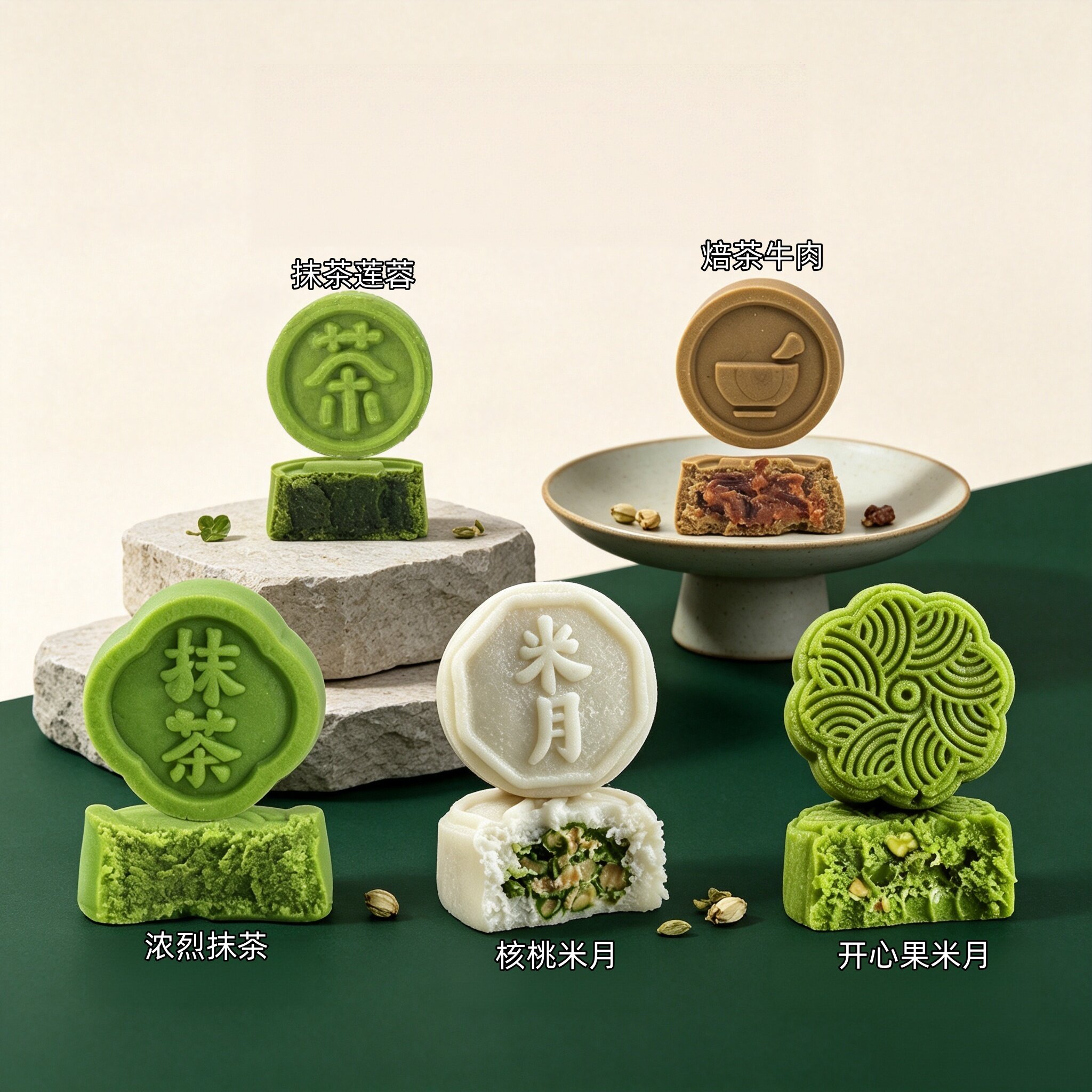 初透抹茶核桃米月饼开心果米月饼图片