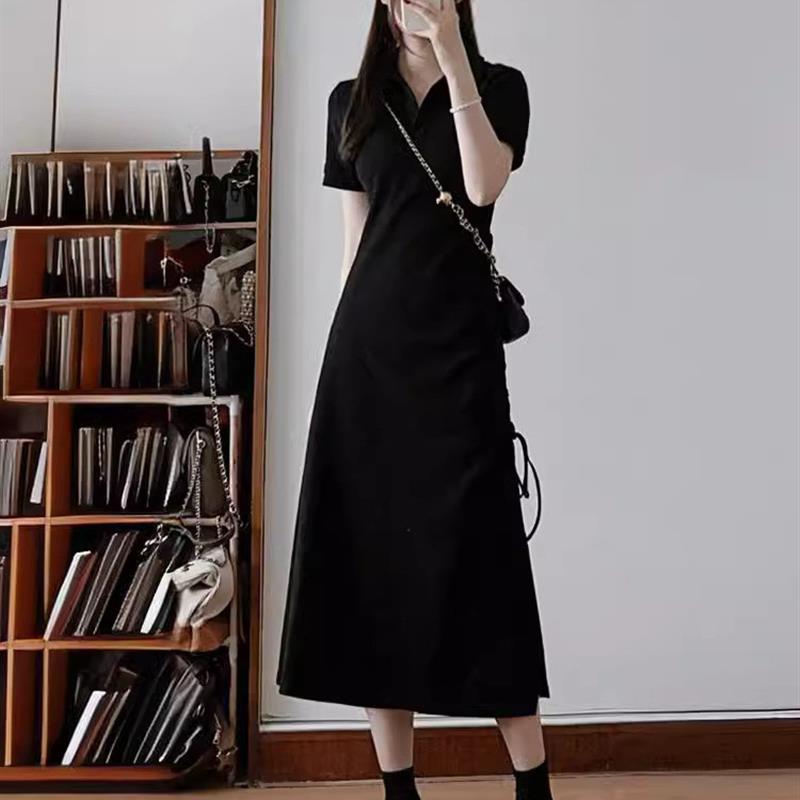 黑色Polo领连衣裙高级设计感小众气质显瘦法式休闲长裙子女夏新款