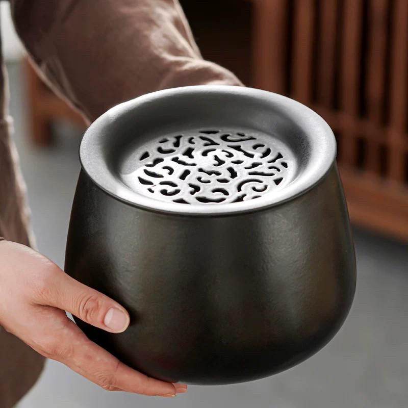 黑陶茶渣缸茶洗茶艺特大号建水中式复古纯色茶具配件带盖子水盂茶