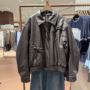 VM NY NB UR2025秋复古美式流光风蝴蝶结饰pu皮衣夹克棉服外套女