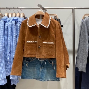 VM NY NB UR2025秋气质翻领撞色花边短款皮衣外套包臀半身裙女ins