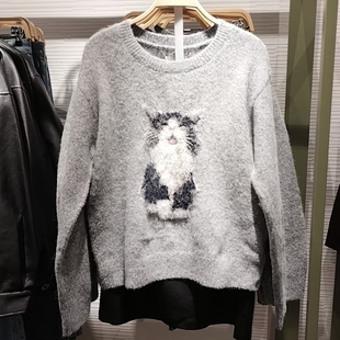 VM NY NB UR2025冬时尚百搭萌宠猫咪提花软糯圆领针织衫毛衣女ins
