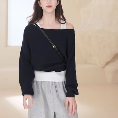 VM NY NB UR2026春气质百搭撞色拼接两件式露肩短款长袖针织衫女
