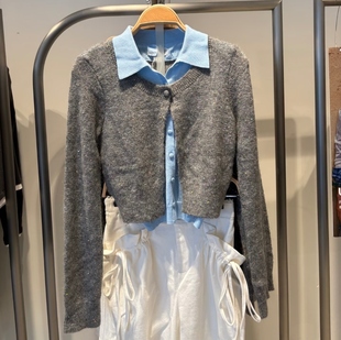 VM NY NB UR2025秋韩系慵懒风花朵亮片翻领假两件针织衫毛衣女ins