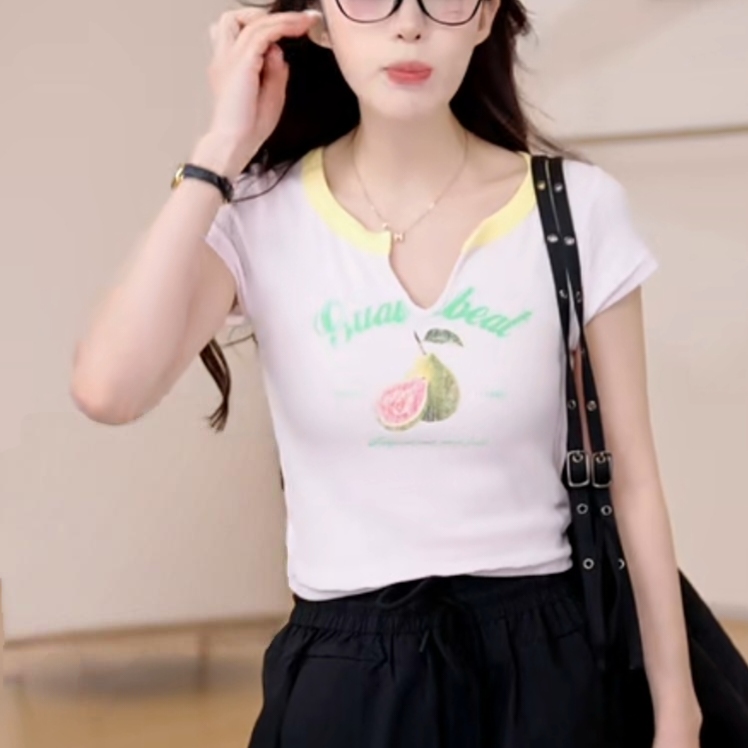 VM NY NB UR2025秋新款美式撞色字母水果印花修身短袖T恤衫上衣女