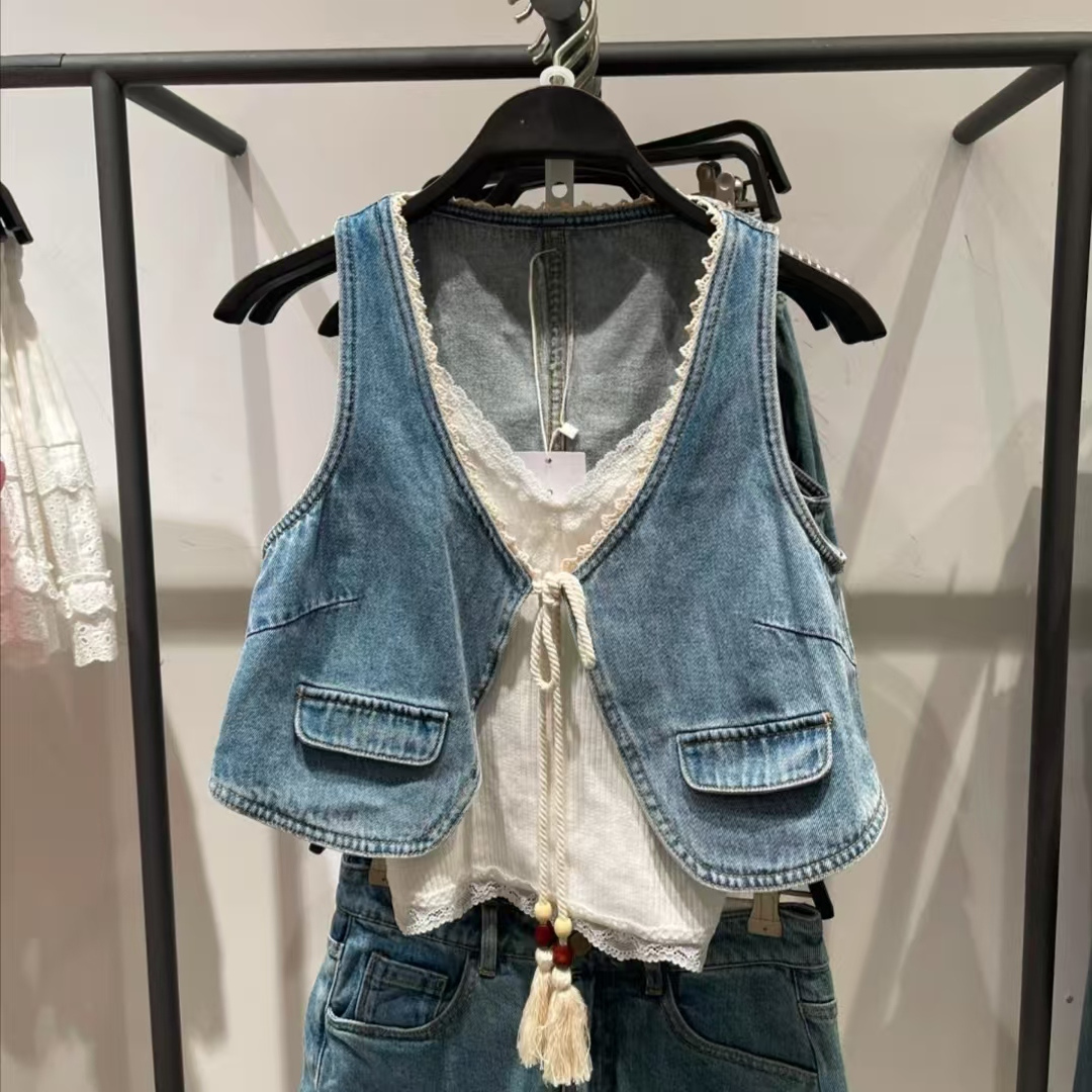蕾丝花边系带小坎肩牛仔马甲背心