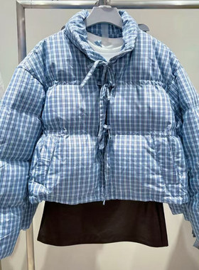 90白鸭绒VM NY NB UR2025冬休闲撞色格纹立领系带羽绒服短外套女