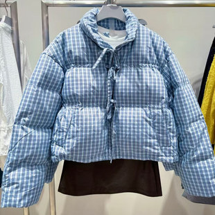 90白鸭绒VM NY NB UR2025冬休闲撞色格纹立领系带羽绒服短外套女