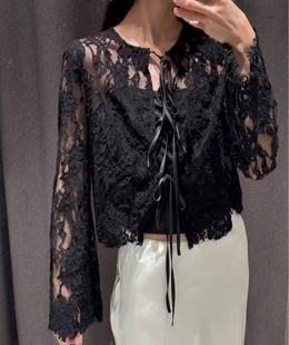 VM NY NB UR2026春百搭休闲气质蕾丝系带毛边短款开襟衬衫上衣女