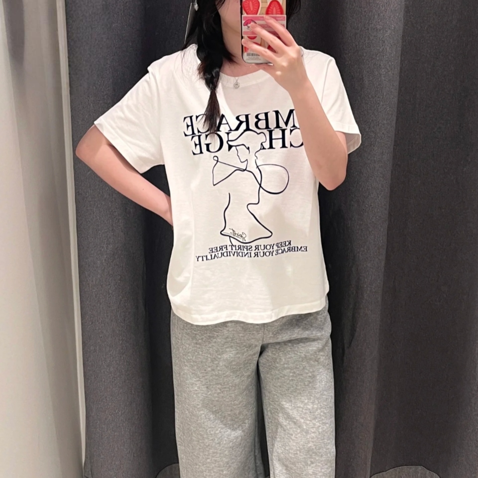 VM NY NB UR2025夏法式甜美减龄撞色印花圆领短袖T恤衫上衣女ins