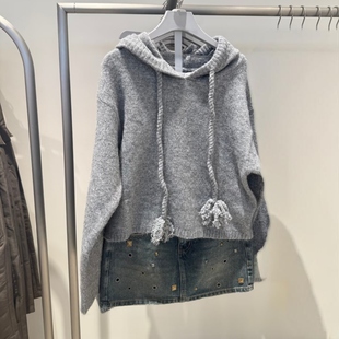 VM NY NB UR2025秋慵懒风抽绳连帽套头针织衫宽松百搭毛衣女上衣