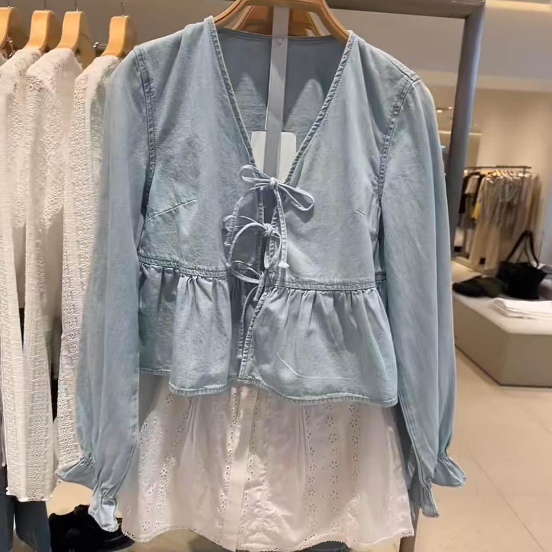VM NY NB UR2025夏新款法式甜美蝴蝶结系带v领牛仔衬衫上衣女ins