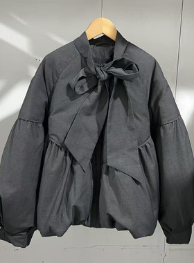 90白鸭绒VM NY NB UR2025冬甜美蝴蝶结系带宽松灰色羽绒服外套女
