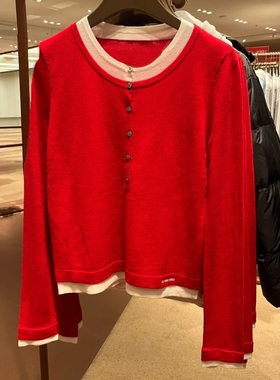 VM NY NB UR2026春百搭撞色拼接假两件修显瘦长袖红色针织衫女ins