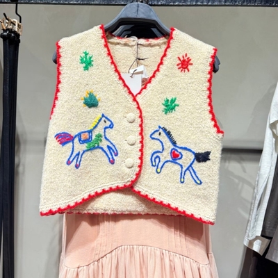 VM NY NB UR2026春小马图案刺绣V领无袖针织衫马甲背心女0021001