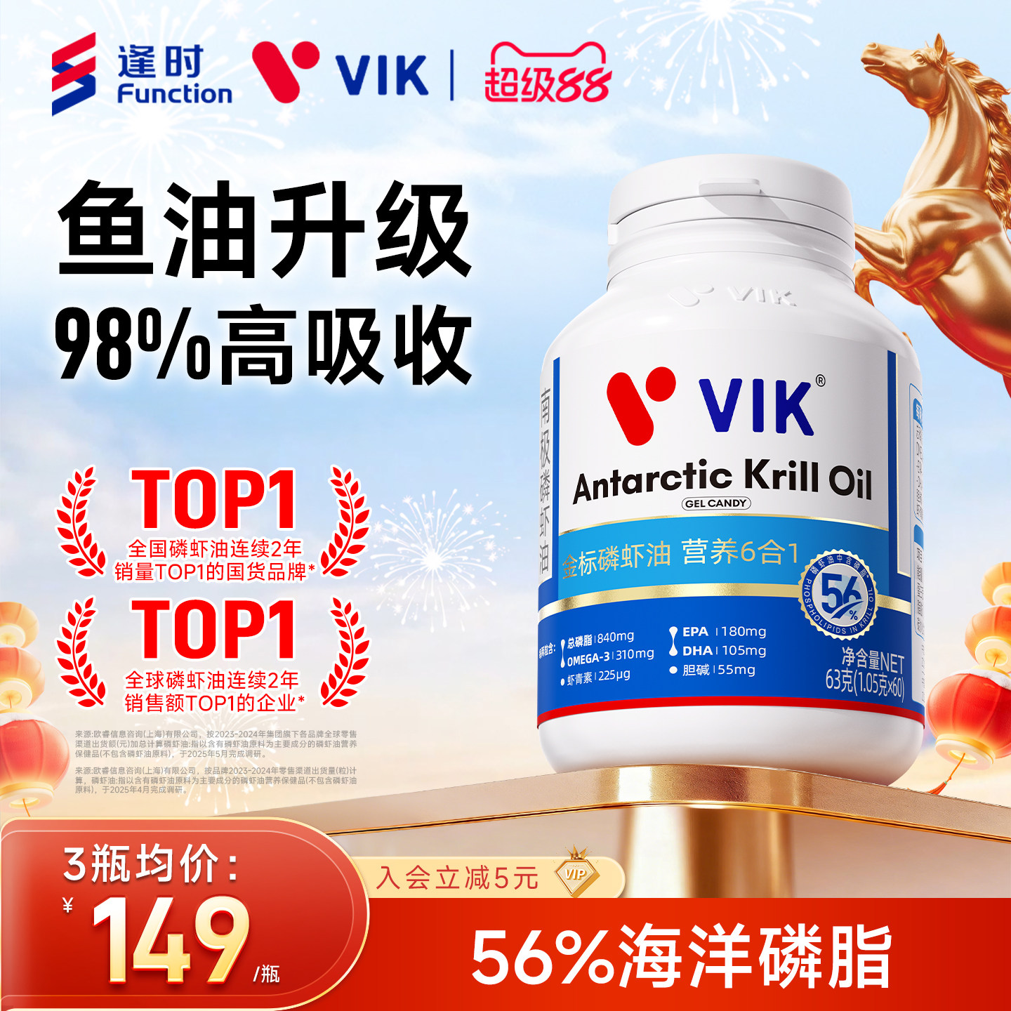 逢时VIK金标56纯南极深海磷虾油omega3官方旗舰店正品鱼油升级
