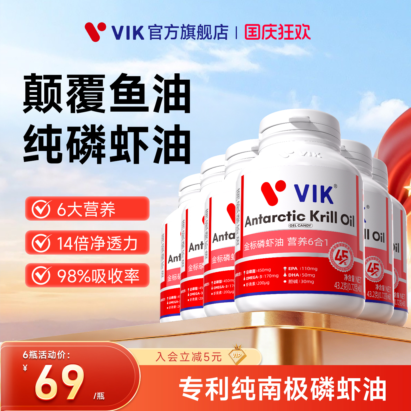 【6瓶装】VIK专利纯南极深海磷虾油海洋磷脂omega3官方旗舰店正品
