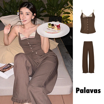 【新品】palavas博主同款旧港绮梦翻领上衣砂岩流苏长裤时尚套装