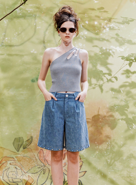 【折】LUMING ROOM 新灰色单肩镂空爱心针织背心蓝色牛仔